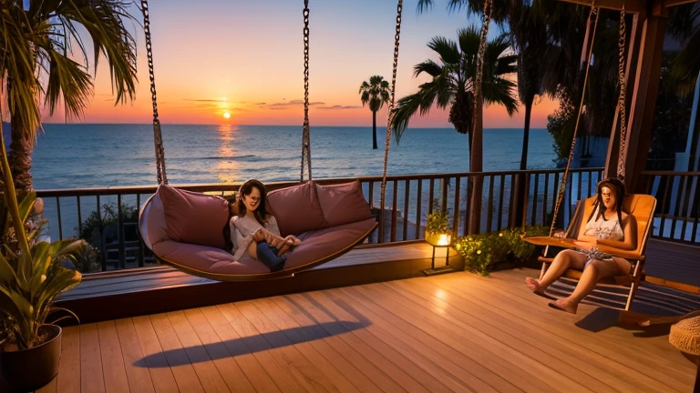 Santa Monica Sunset、Peach view terrace、Falling asleep on the porch swing listening to music with headphones、Beautiful adult woman、Car with surfboard、The woman's dog is sleeping next to her.、Turn your face away, Super Resolution, Ultra high definition, Sunset Light, Palm palm