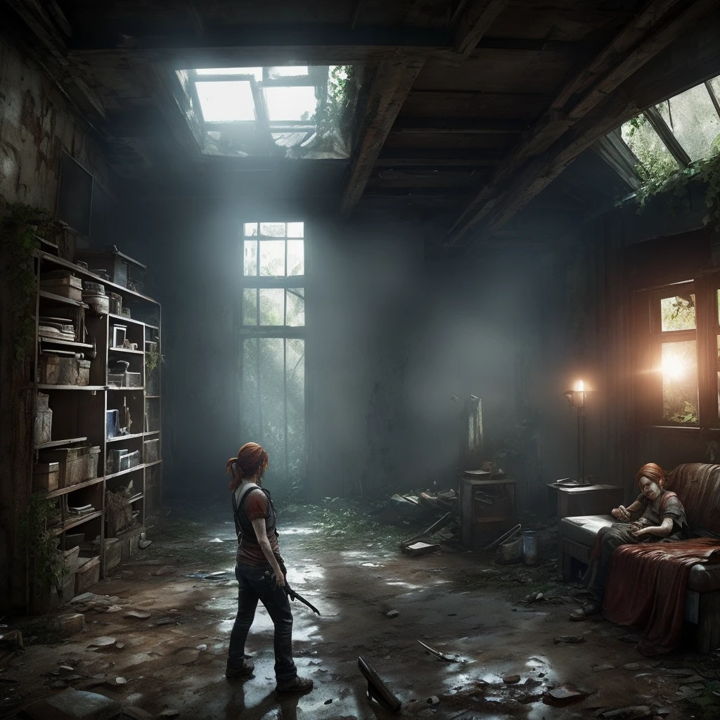 Create Joel Miller from The Last Of Us, with a woman with beautiful red hair, both hidden from the infected while paying attention to the abandoned environment.