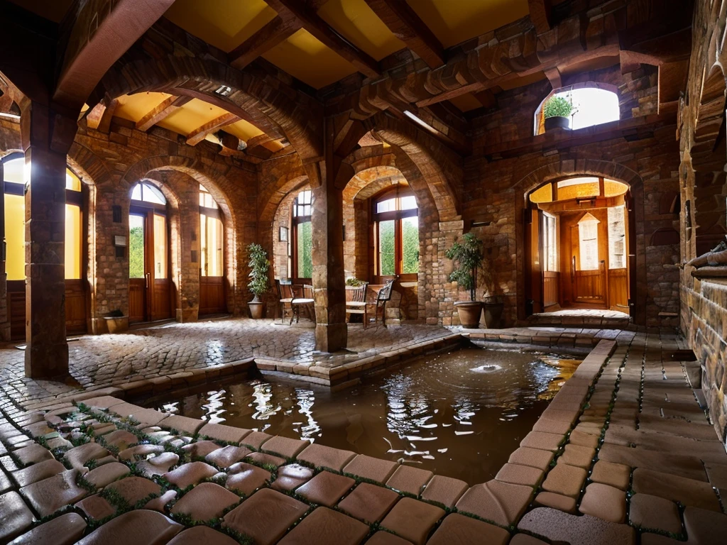 (((Masterpiece))), (high quality),(Small Western-style building,One-storey,Cobblestone garden:1.5),(Broken small fountain,There is no water coming out:1.2),(There is no one here:1.2),(Long Shot,Photograph the entire Western-style building:1.5)