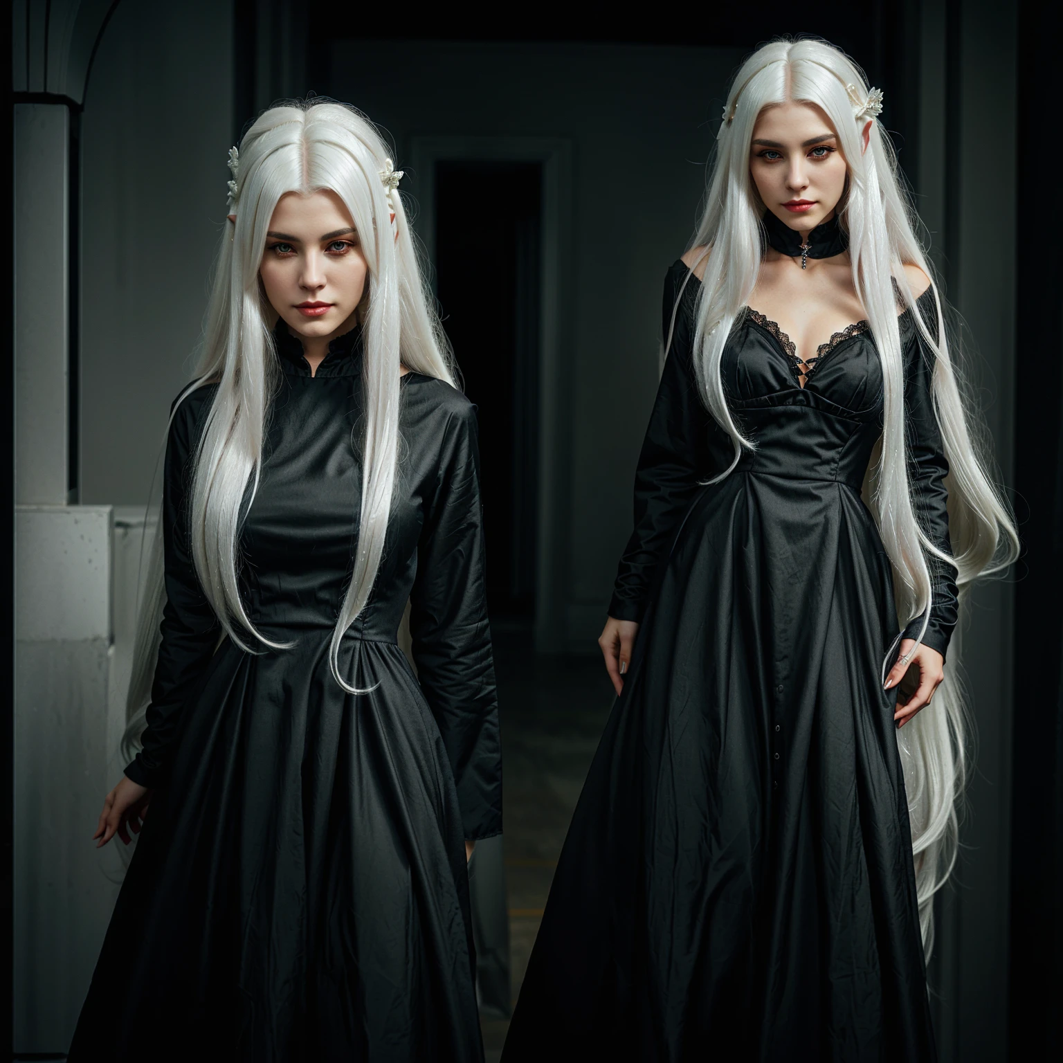 a woman in a black dress with a long white hair, beautiful dark elf countess, 