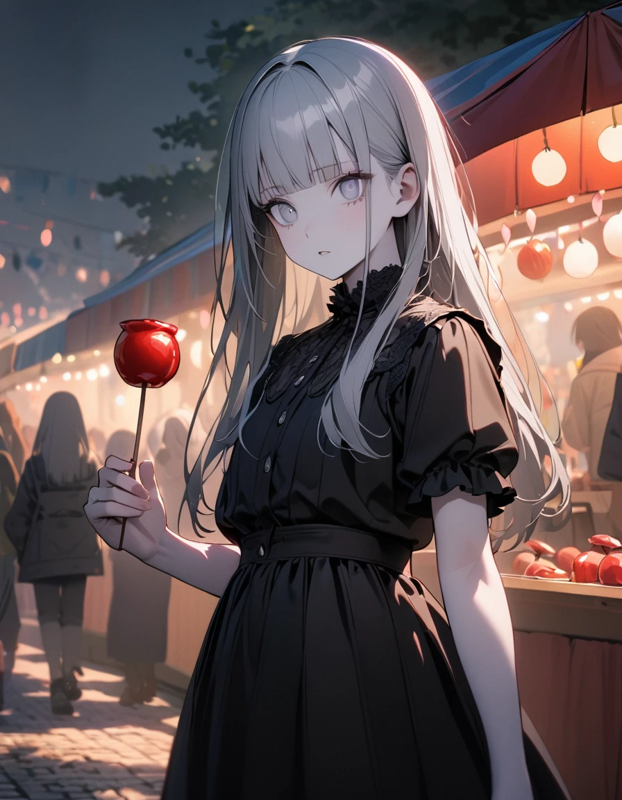 (8K, best quality, master piece: 1.2),super high resolution,1 girl,solo,yo,ultra-detailed face,detailed eyes,silver eyes,blunt bangs,silver hair,Straight hair,Long hair,pale skin,white short sleeve petal collar blouse,black tiered skirt,black Fascinator,expressionless,lash extension,parted lips,リムライト,perfect hands, perfect fingers,folding a Candy apple,Walking, festival, morning, row of food stalls