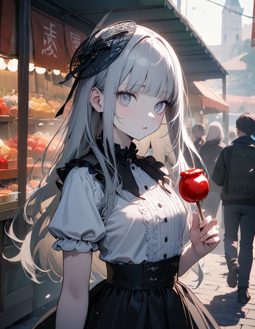 (8K, best quality, master piece: 1.2),super high resolution,1 girl,solo,16yo,ultra-detailed face,detailed eyes,silver eyes,blunt bangs,silver hair,Straight hair,Long hair,pale skin,white short sleeve petal collar blouse,black tiered skirt,black Fascinator,expressionless,lash extension,parted lips,リムライト,perfect hands, perfect fingers,folding a Candy apple,Walking, festival, morning, row of food stalls