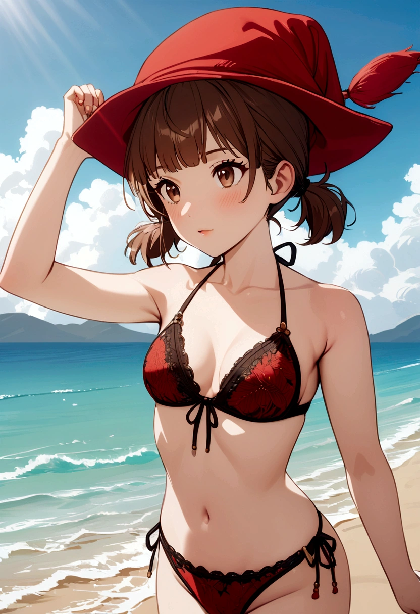 Girl with brown hair, short pigtails, bangs, red wool hat, brown eyes, bikini, at beach