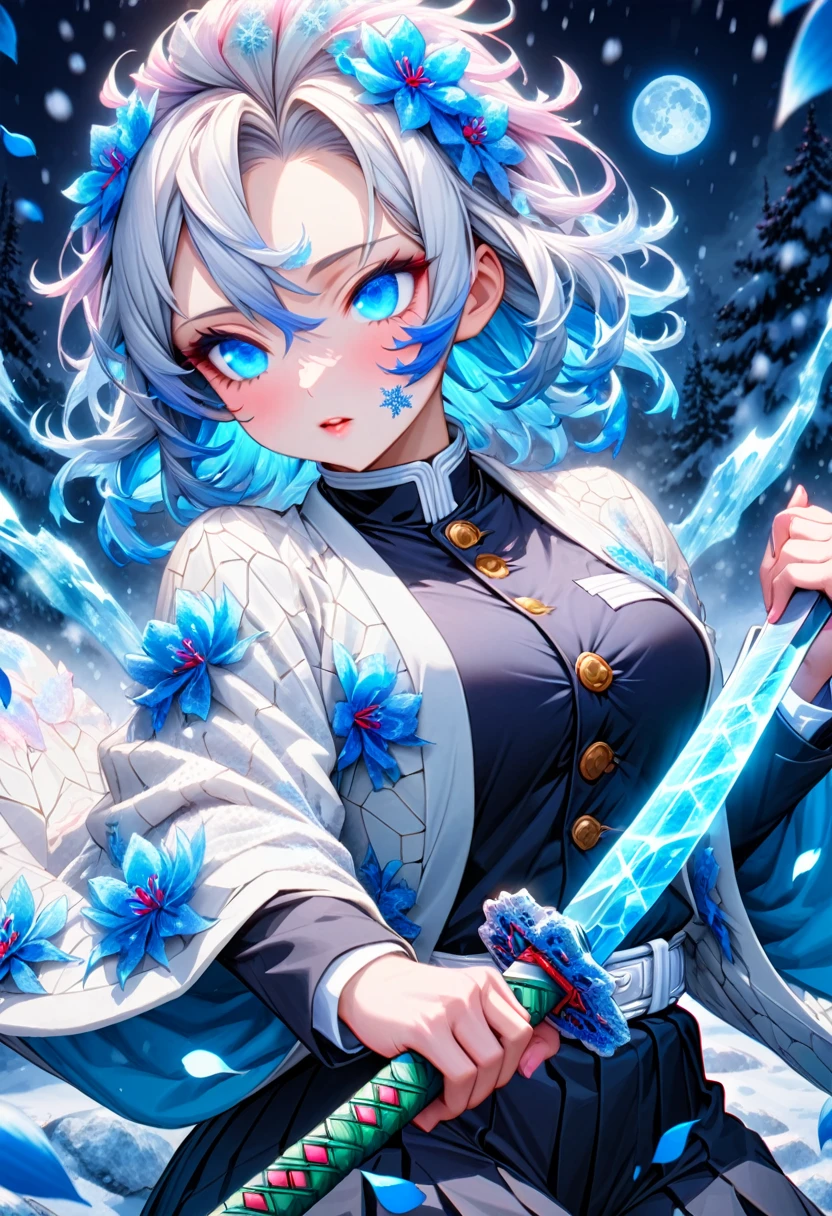Ultra detailed, highres, absurd, Yùkî Gigaragira, white hair, Cold expressive blue eyes, white haori with patters of snowflakes, black demon slayer uniform, Kimetsu No Yaiba, fantasy, petals, white and blue flowers, beautiful, sexy young lady grabbing a sword, solo, magic, shining snowflakes, blue moon, best quality, extremely detailed face and eyes, snow, grabbing a sword, a blue spider lily