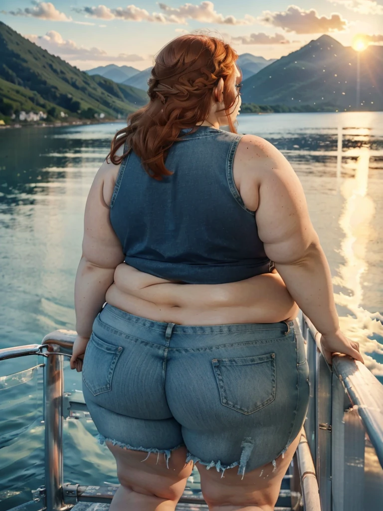 A backview photo of a Beautiful ginger SSBBW, with long wavy light Brownish-ginger hair, freckled body with big soft fat belly, thicc fat arms, thicc wide legs, small breasts, lot of freckles on arms, in tight short jeans and cute loose top standing on a cruise, crusie side next to a cruise fence on a vacation,  looking to the water in a lake watching the sunset behind the hills