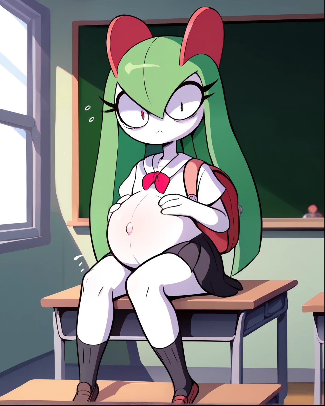 score_9, score_8_up, 1girl, kirlia, happy, full body, school, human proportions, looking at viewer, by diives, pregnant, pregnancy, shy smile, rubor, mirada cansada, sitting, desk, sit on desk, de pie, classroom, salon de clases, school, manos en el vientre, hands on belly, black skirt, short skirt, ((anime school uniform)), white skin, piel de porcelana, green hair, sudor, cansada, tired. Tired eyes, sigh, tired face. Backpack, 