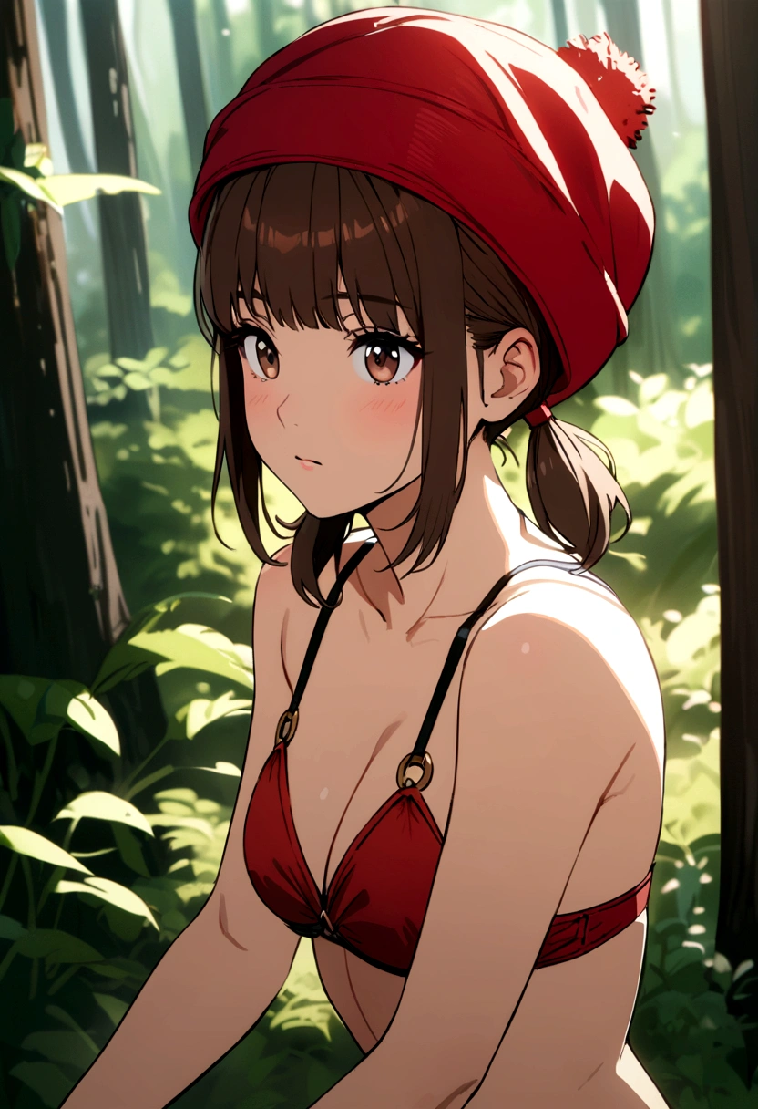 Girl with brown hair, short pigtails, bangs, red wool hat, brown eyes, bikini, at forest