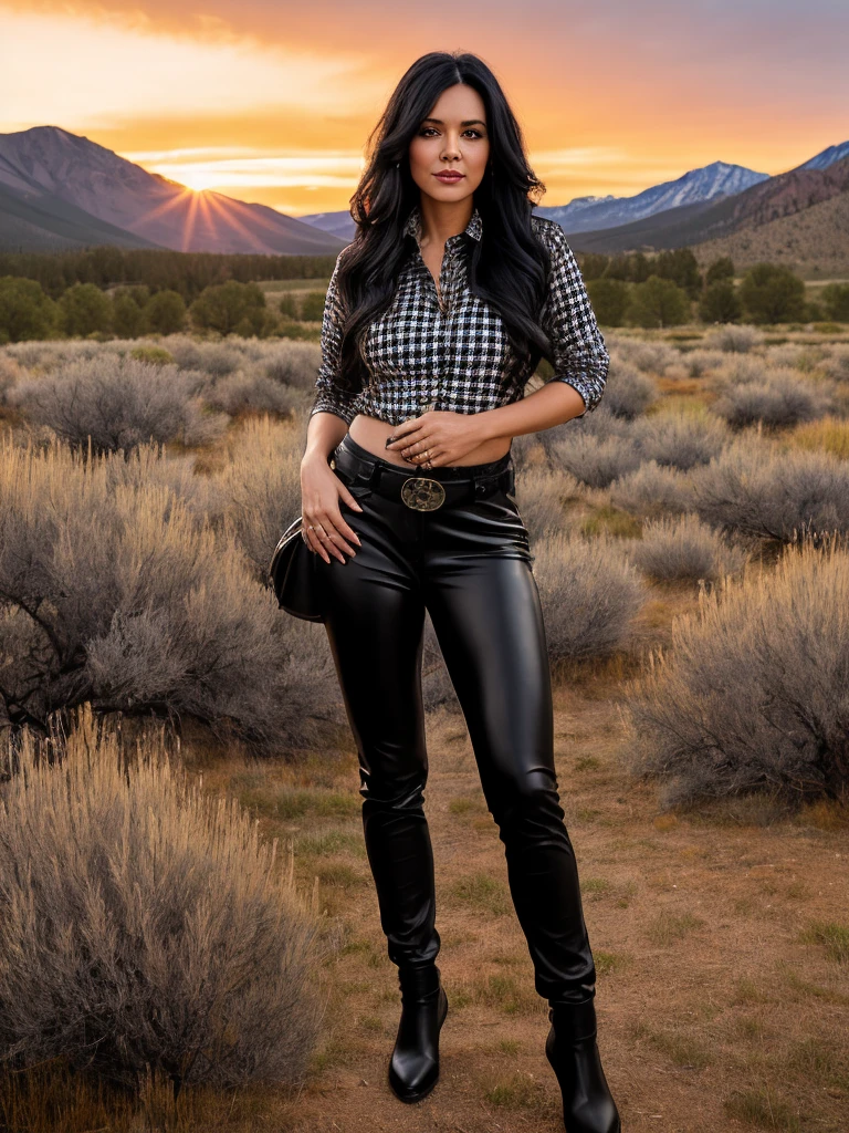 photorealistic style of a woman with long jet-black hair in black leather pants and a checkered shirt in front of a Colorado wild west landscape at sunset