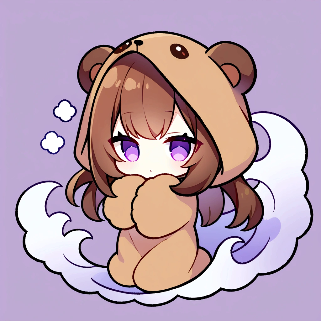 masterpiece, (Highest quality), ((Most detailed)), Brown Hair、Wearing a bear hood、Bear hooded blanket、whole body、Chibi Character、２Head to Body、Wearing a brown bear hoodie、Bear Ears、Purple Eyes、Purple solid background、Illustration icon、Brown long hair、Fluffy hoodie、Wave、