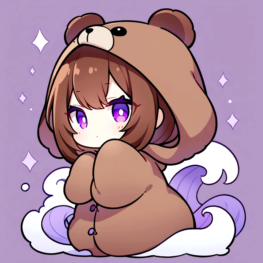 masterpiece, (Highest quality), ((Most detailed)), Brown Hair、Wearing a bear hood、Bear hooded blanket、whole body、Chibi Character、２Head to Body、Wearing a brown bear hoodie、Bear Ears、Purple Eyes、Purple solid background、Illustration icon、Brown long hair、Fluffy hoodie、Wave、