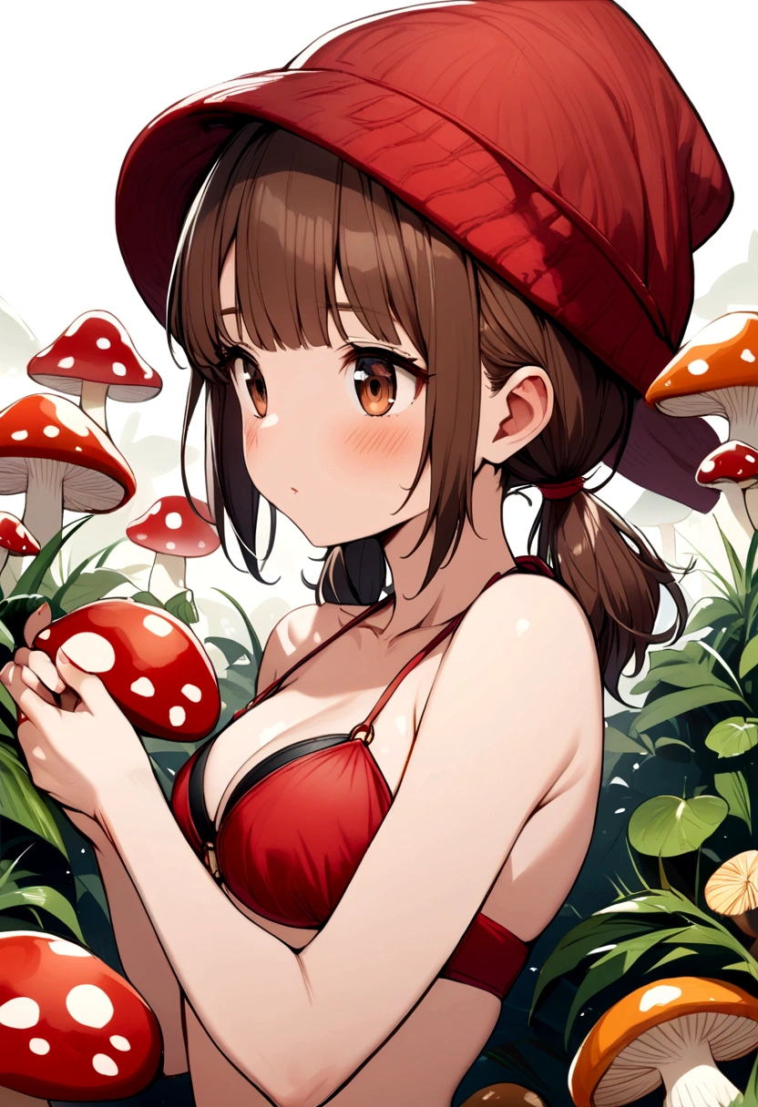 Girl with brown hair, short pigtails, bangs, red wool hat, brown eyes, bikini, mushroom picking