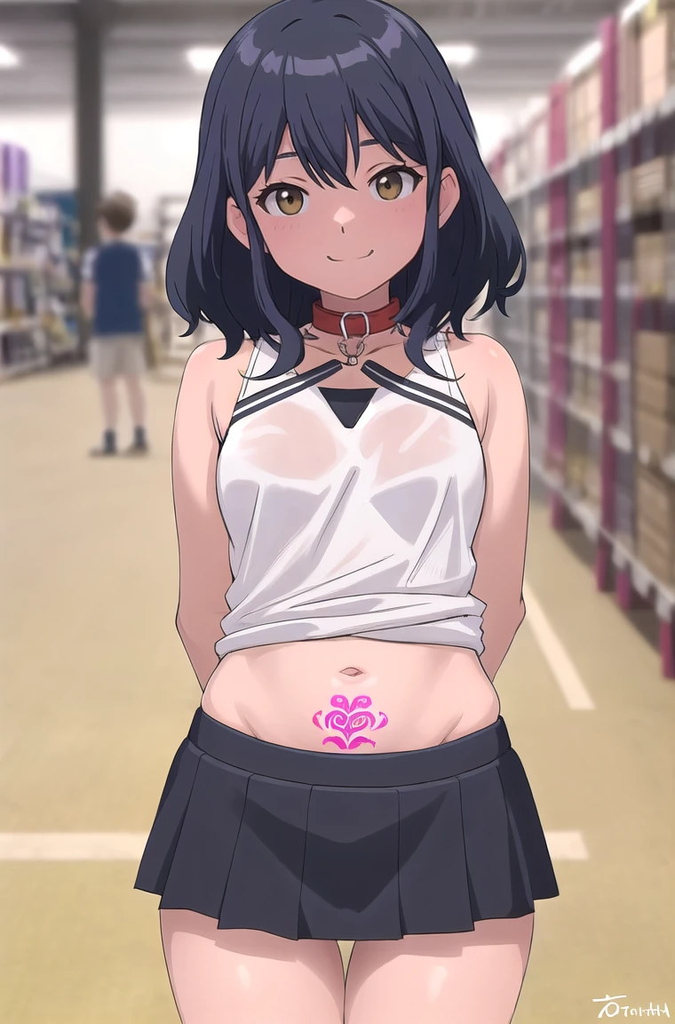 celia,, mini skirt,otonashi haruna,
(best quality, masterpiece, RAW photo,ultra-detailed:1.2), 1girl,solo,looking at viewer,smile, Wearing a dog collar, Naughty tattoo on the belly , slim, childhood, in sports warehouse, on the met