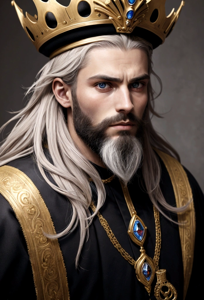 king, barbe cheveux lond, couronne, vêtement de guerrier, regard vers la camera
