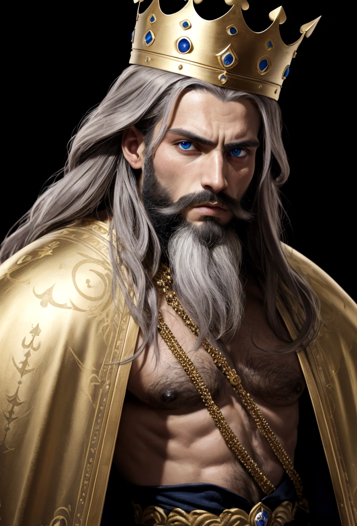 king, barbe cheveux lond, couronne, vêtement de guerrier, regard vers la camera