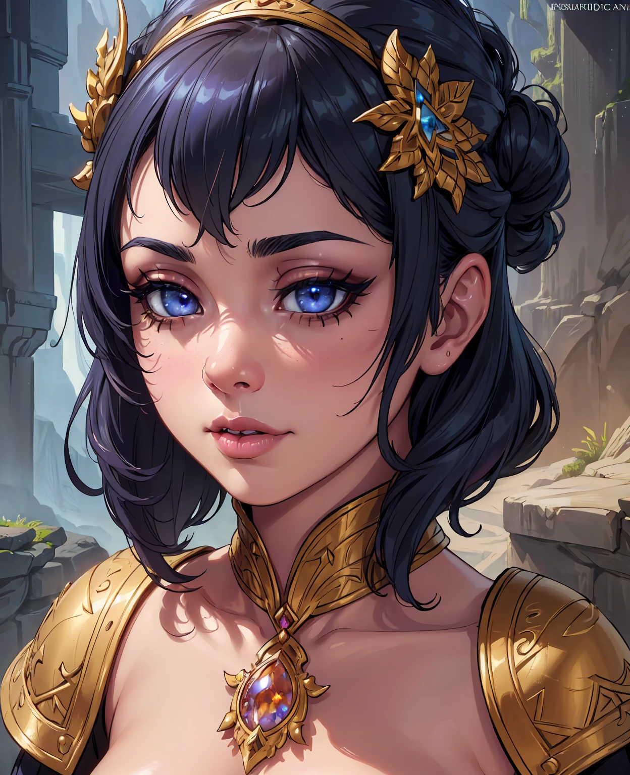 A photograph of Cleopatra with natural skin, short and voluminous black hair, sharp eyes with blue eyeshadow, a thin and upturned nose, shapely lips, an hourglass body shape, typical clothes, and makeup, intricately maximalist-detailed, vibrant, epic, smooth, cinematic, 4K, backlit, fantasy desert background, and a shallow depth of field.