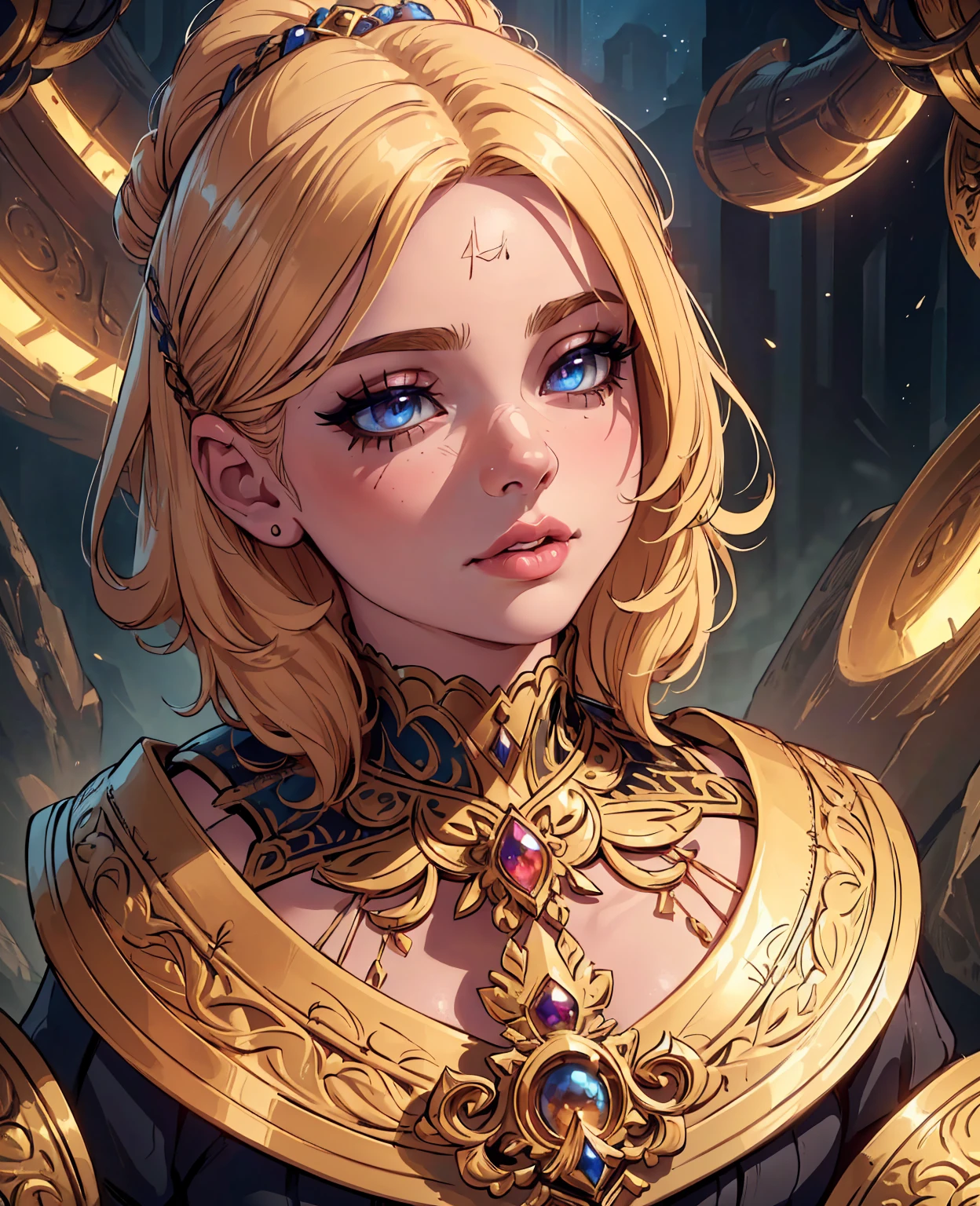 a tiny female dwarf, beautiful detailed eyes, beautiful detailed lips, extremely detailed eyes and face, long eyelashes, detailed intricate fantasy costume, ornate jewelry, (best quality,4k,8k,highres,masterpiece:1.2),ultra-detailed,(realistic,photorealistic,photo-realistic:1.37),cinematic lighting, dramatic shadows, fantasy art, digital painting, vibrant colors, warm color palette