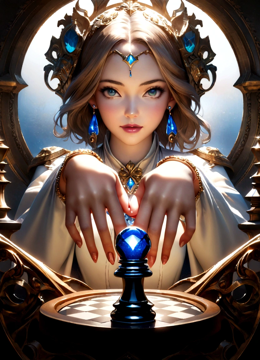(Masterpiece, photorealistic, photorealism, best quality, ultra-detailed)1.2, (nice hands, perfect hands), official art, cinematic light, perfect eyes, (1girl)1.3, (solo)1.4, adult, full display of (baroque style)1.31 jewelry design, a pair of earrings, blue gemstones, diamonds, highly detailed vray render, flash, chess