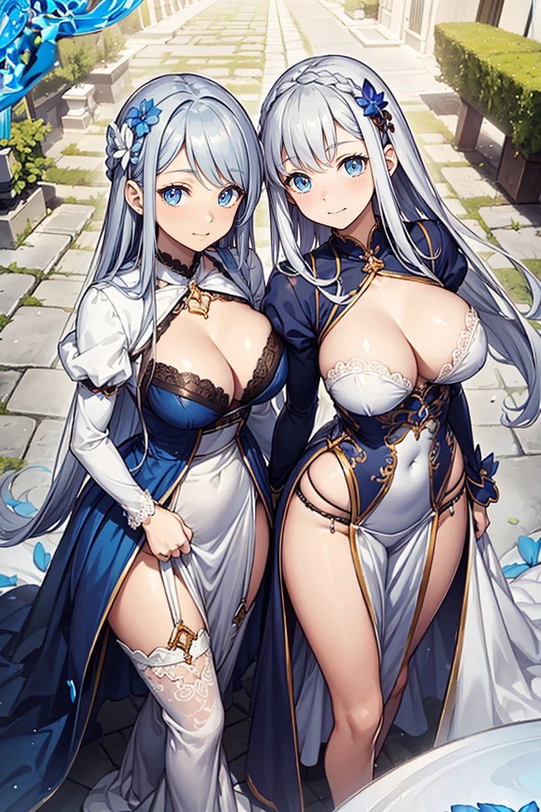 saint，Have fun，in love，(Western Style Magic White Dress)，silver hair，blue eyes，seductive pose,Dressed so beautifully，transparent clothes，Lilac texture，blue texture，puffy sleeves，Ruffle，lace，flower decoration，Decorative cloth，bow，european courtyard，2 people,big breasts,Show your breasts,The crevice is clear.