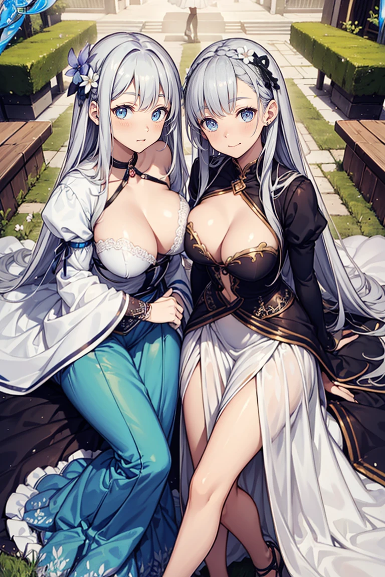 saint，Have fun，in love，(Western Style Magic White Dress)，silver hair，blue eyes，seductive pose,Dressed so beautifully，transparent clothes，Lilac texture，blue texture，puffy sleeves，Ruffle，lace，flower decoration，Decorative cloth，bow，european courtyard，2 people,big breasts,Show your breasts,The crevice is clear.