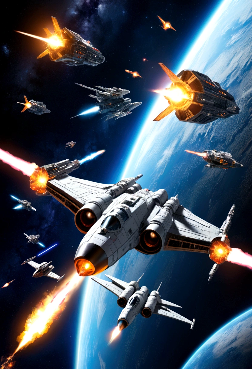 A dynamic illustration of a space battle royale between numerous futuristic spaceships. The ships are of various shapes, sizes, and designs, each with their unique weaponry, such as laser cannons and missile launchers. The background is the vast, star-filled cosmos, with a breathtaking nebula in the distance. The scene is intense, with debris and smoke from the explosions filling the space, and the remnants of destroyed ships floating in the void.