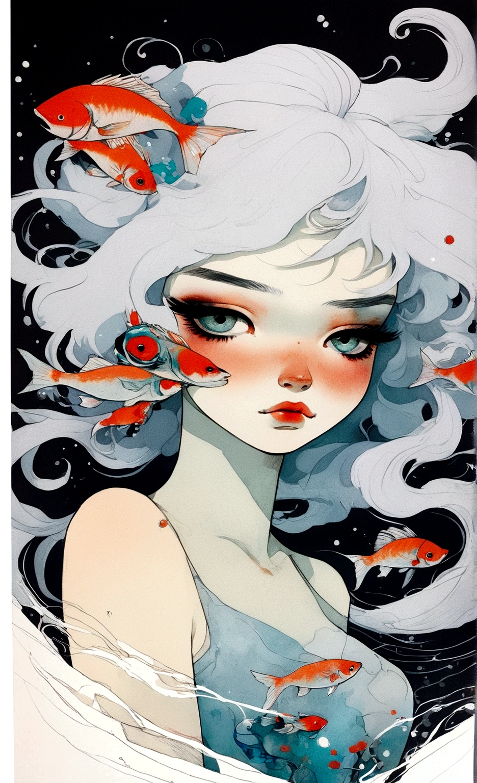 a drawing of a woman with white hair and a fish in her hair, an ultrafine detailed painting inspired by James Jean, trending on cg society, process art, loish |, loish and ross tran, beautiful comic art, neoartcore and charlie bowater, lois van rossdraws, laurie greasley and james jean
