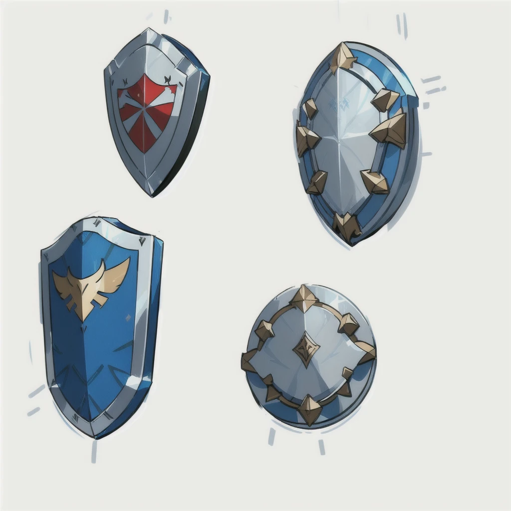 a close up of a bunch of different shields on a white background, shields, shield design, shield, fantasy shield, armor elements, shield, holding weapon and shield, riot shields, RPG Game Items, metallic shield, Game Assets, game icon asset, video Game Assets, pokemon sword and shield, 2 d Game Assets, weapons and armors