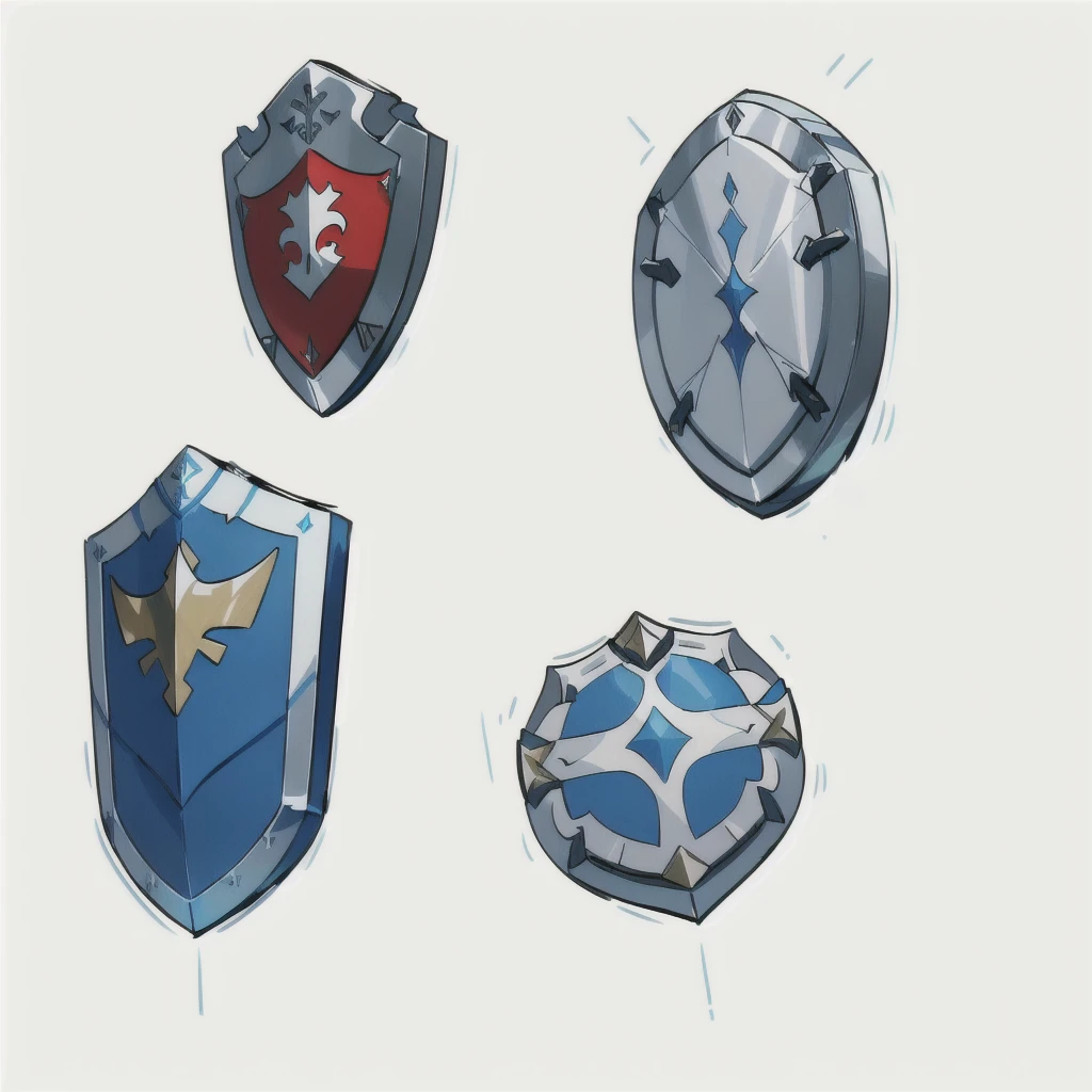 a close up of a bunch of different shields on a white background, shields, shield design, shield, fantasy shield, armor elements, shield, holding weapon and shield, riot shields, RPG Game Items, metallic shield, Game Assets, game icon asset, video Game Assets, pokemon sword and shield, 2 d Game Assets, weapons and armors