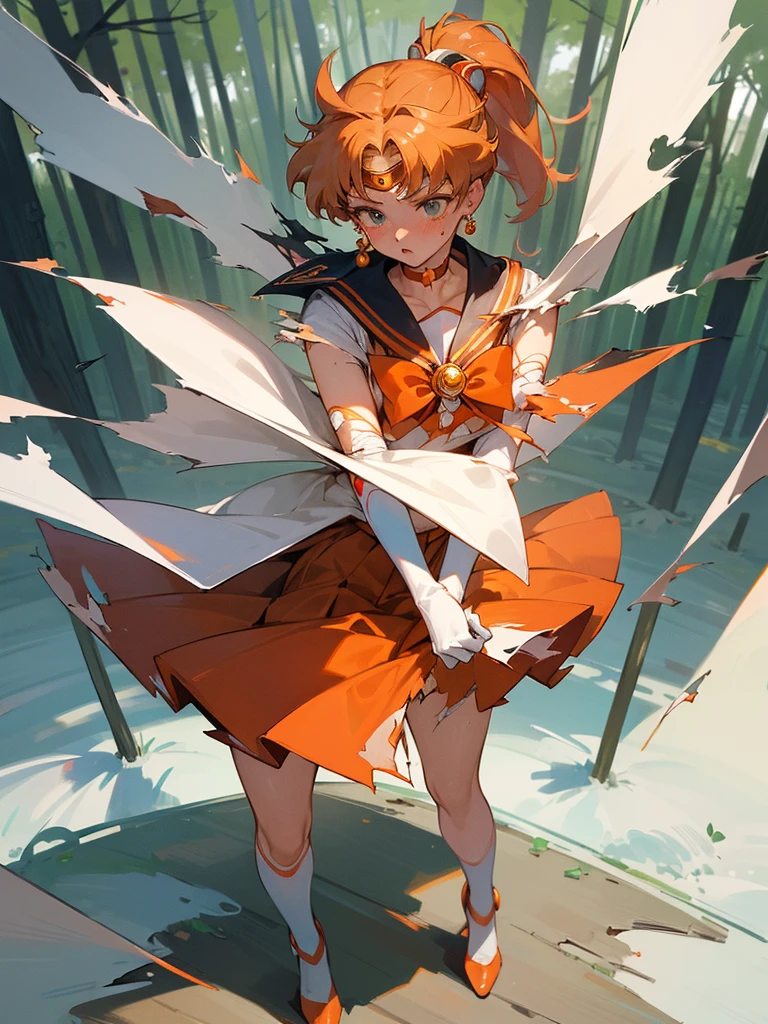 masterpiece, best quality, ultra-detailed,illustration, (1 girl), 20 years old
highres, sv1, sailor senshi uniform, orange skirt, elbow gloves, tiara, orange sailor collar, red bow, orange choker, white gloves, jewelry,, :o, high heels, masterpiece, best quality, perfect composition,
(forest:1.3), various pose,
smooth body, (detailed face),(pained expression)blushed, standing, looking at viewer, (torn clothes:1.5),(ripped clothes:1.5),(wound),a lot of sweat,