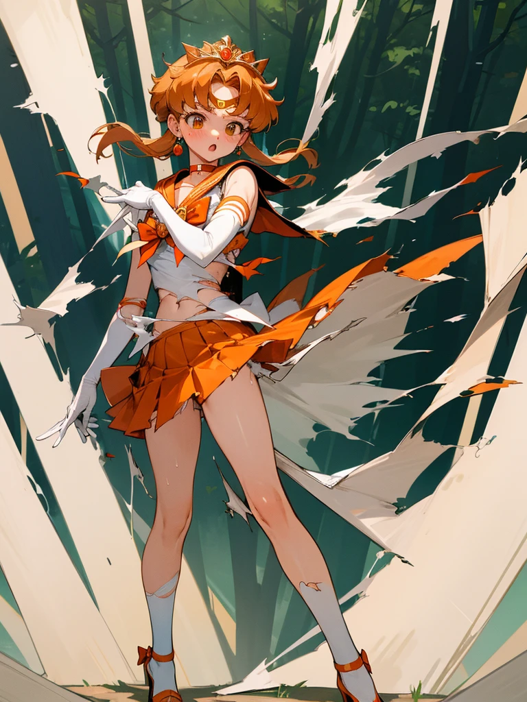 masterpiece, best quality, ultra-detailed,illustration, (1 girl), 20 years old
highres, sv1, sailor senshi uniform, orange skirt, elbow gloves, tiara, orange sailor collar, red bow, orange choker, white gloves, jewelry,, :o, high heels, masterpiece, best quality, perfect composition,
(forest:1.3), various pose,
smooth body, (detailed face),(pained expression)blushed, standing, looking at viewer, (torn clothes:1.5),(ripped clothes:1.5),(wound),a lot of sweat,