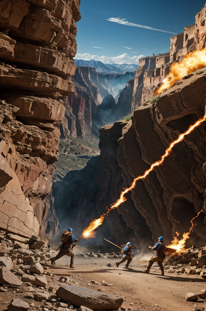 Earthquake Battle: Two earth mages face off in a rugged canyon, hurling boulders and causing the ground to crack and heave. Their intense struggle creates a landscape of chaos and upheaval.