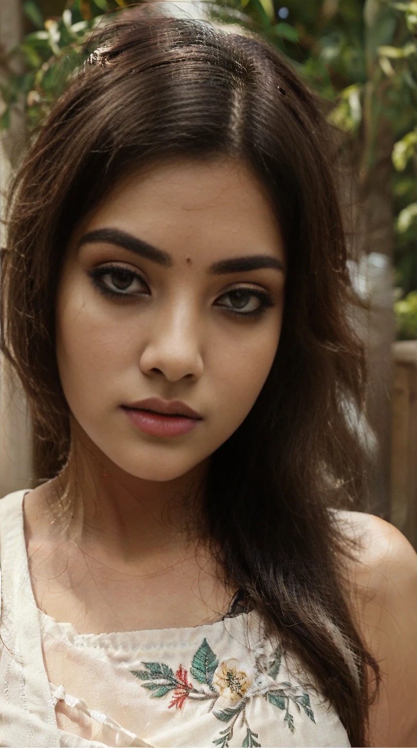 ultra-realistic photograph, Indian Instagram female model, mid 20s,9:16,mid-shot,beautiful detailed eyes, detailed lips ,long eyelashes, black curly hair, naturally full eyebrows, perfectly formed nose, expressive face, attractive appearance, confident and elegant posture, graceful movement, vibrant and colorful dress, rich and intricate embroidery, garden background, serene and natural atmosphere, stunning architecture, soft and natural lighting, vivid colors, photorealistic, HDR, high-res, studio lighting, ultra-detailed, bokeh