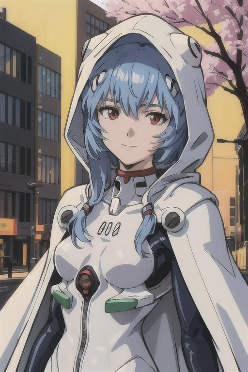 masterpiece, best quality, 1girl, ayanamirei, plugsuit, interface headset, looking at viewer, light smile, city park, upper body, white hooded cloak, cape