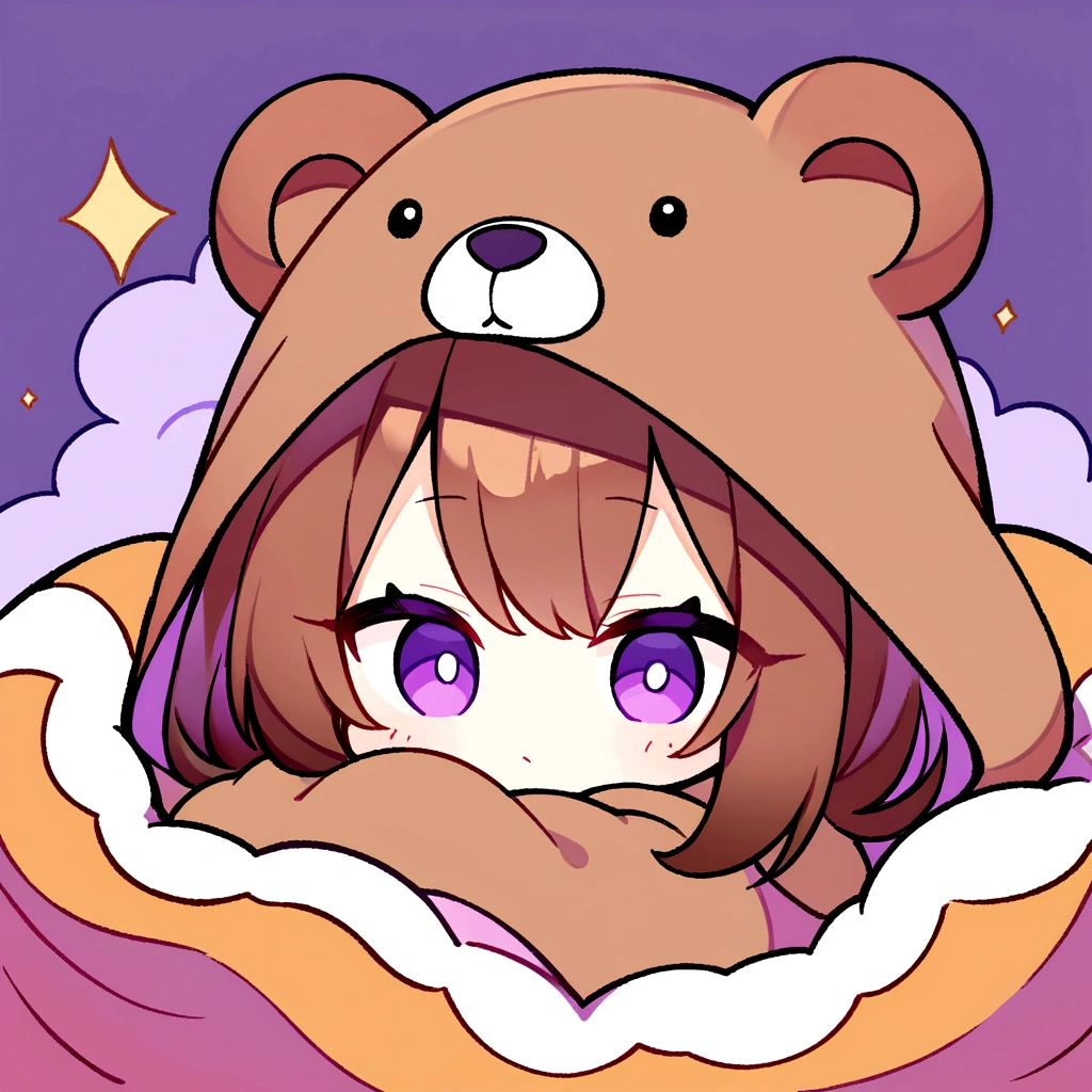 masterpiece, (Highest quality), ((Most detailed)), Brown Hair、Wearing a bear hood、whole body、Chibi Character、２Head to Body、Wearing a brown bear hoodie、Bear Ears、Purple Eyes、Purple solid background、Illustration icon、Brown long hair、Fluffy hoodie、Wave、Bear hooded blanket、