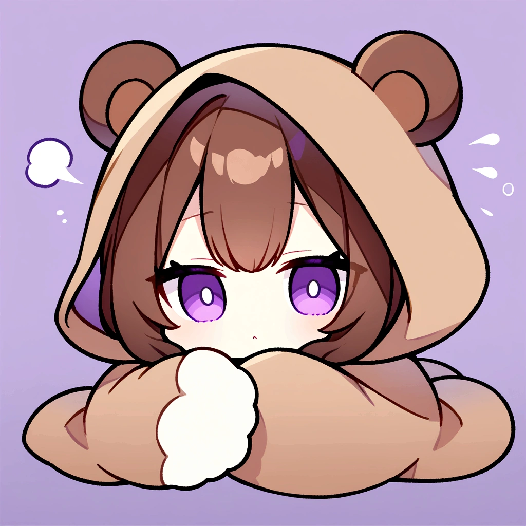 masterpiece, (Highest quality), ((Most detailed)), Brown Hair、Wearing a bear hood、whole body、Chibi Character、２Head to Body、Wearing a brown bear hoodie、Bear Ears、Purple Eyes、Purple solid background、Illustration icon、Brown long hair、Fluffy hoodie、Wave、Bear hooded blanket、