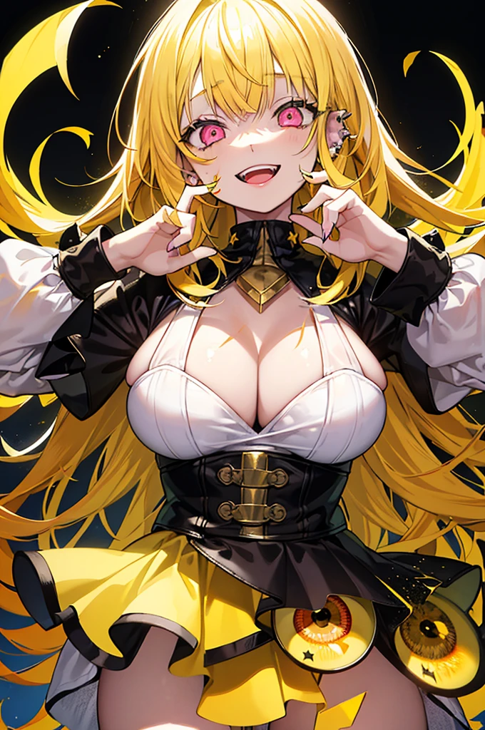 original character , 1girl, (crazy smile:1.2) , blonde hair , bangs , crazy eyes , hands on face , yellow blood splatter on face , yellow and black color scheme, open mouth, (wide-eyed:1.2), glowing eyes, left star shaped eye, star shaped eye, pink eyes, pink eyes, punk girl, piercing on lipstik nose and ear