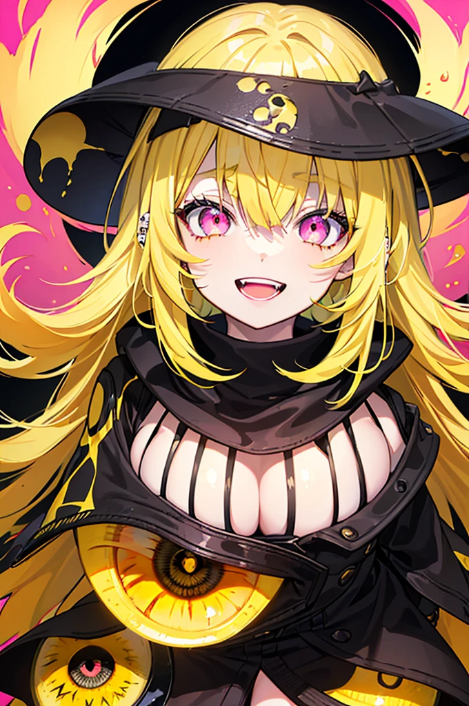 original character , 1girl, (crazy smile:1.2) ,  blonde hair , bangs , crazy eyes , hands on face , yellow blood splatter on face , yellow and black color scheme, open mouth, (wide-eyed:1.2), glowing eyes, left star shaped eye, star shaped eye,  pink eyes, pink eyes, punk girl, piercing on lipstik nose and ear