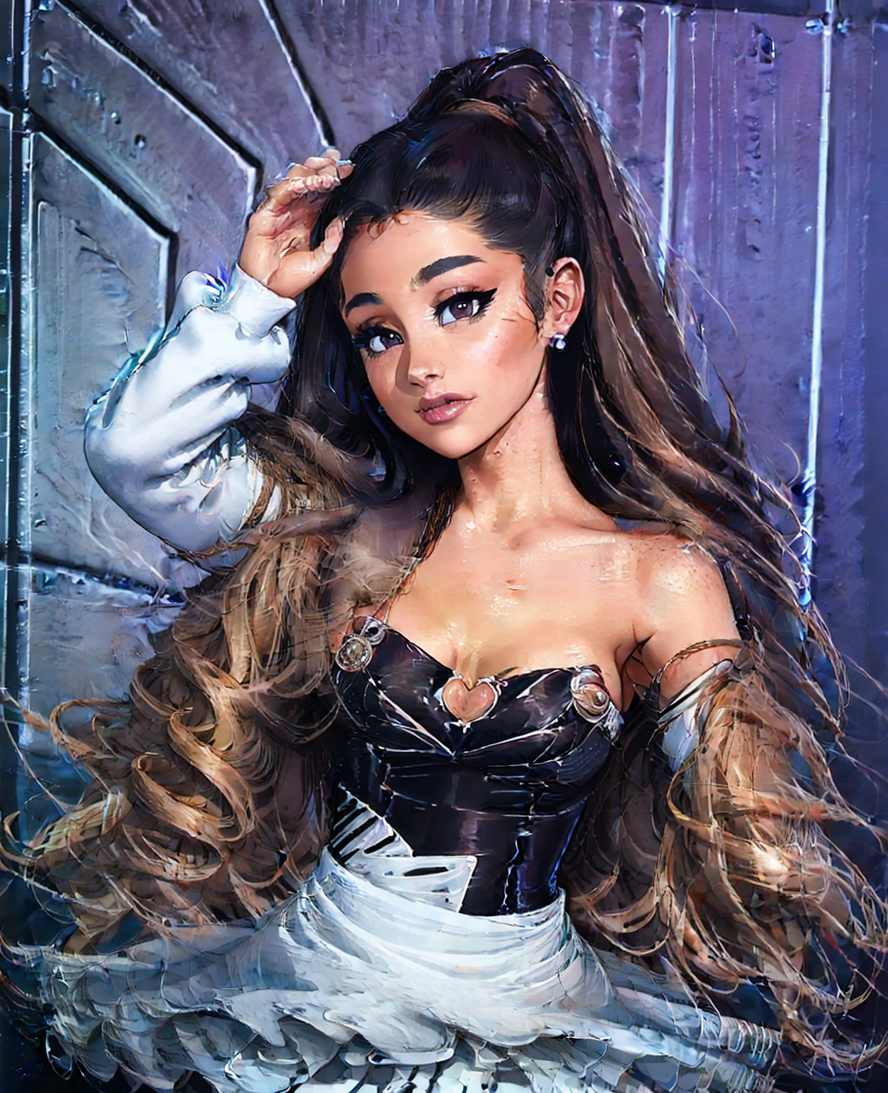 1 girl, Ariana Grande, beautiful detailed eyes, beautiful detailed lips, extremely detailed face, long eyelashes, fit body, tight revealing dress, sensual posing, dramatic lighting, high fashion, dark moody colors, cinematic, photorealistic, 8k, (best quality,4k,8k,highres,masterpiece:1.2),ultra-detailed,(realistic,photorealistic,photo-realistic:1.37)