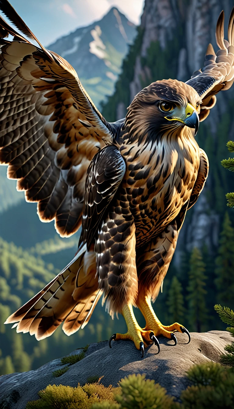 Mountains and forests,There is a kind of beast,Looks like a hawk,One pair of hands(best quality,4K,8K,High level,masterpiece:1.2),Ultra Detailed,(lifelike,Photo real,Photo real:1.37),Highly detailed animals,Realistic lighting,Fantasy Creatures