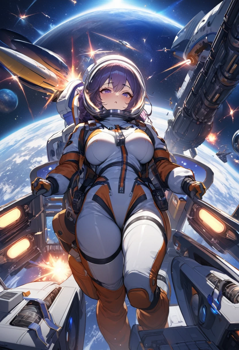 (SF4kArt)、Detailed Description、(Space War:1.2)、(Huge spaceships fighting in space:1.2)、Female Astronauts、Spacesuit、Airtight helmet、cockpit、(A huge spaceship can be seen beyond the canopy:1.2)、milky way、nebula、Laser weapon splash and sparkling、(Highest quality、High resolution、masterpiece)、
