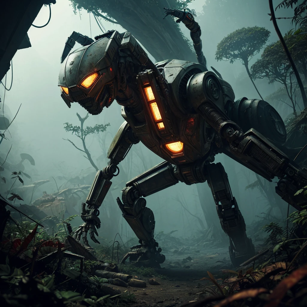 a beautiful woman, Scarlett Johansson, age 25, wearing dirty tattered cloth, scared and battered, being stalked by robot crabs across an alien jungle, horror, danger, peril, sci-fi, cinematic lighting, dramatic angles, highly detailed, photorealistic, 8k, award winning concept art, seamless digital painting, moody color palette, vibrant colors, dynamic composition, chiaroscuro lighting, volumetric fog, lush vegetation, alien flora and fauna, dramatic shadows, imposing robot crabs, intricate mechanical details, grungy textures, sense of scale and mystery