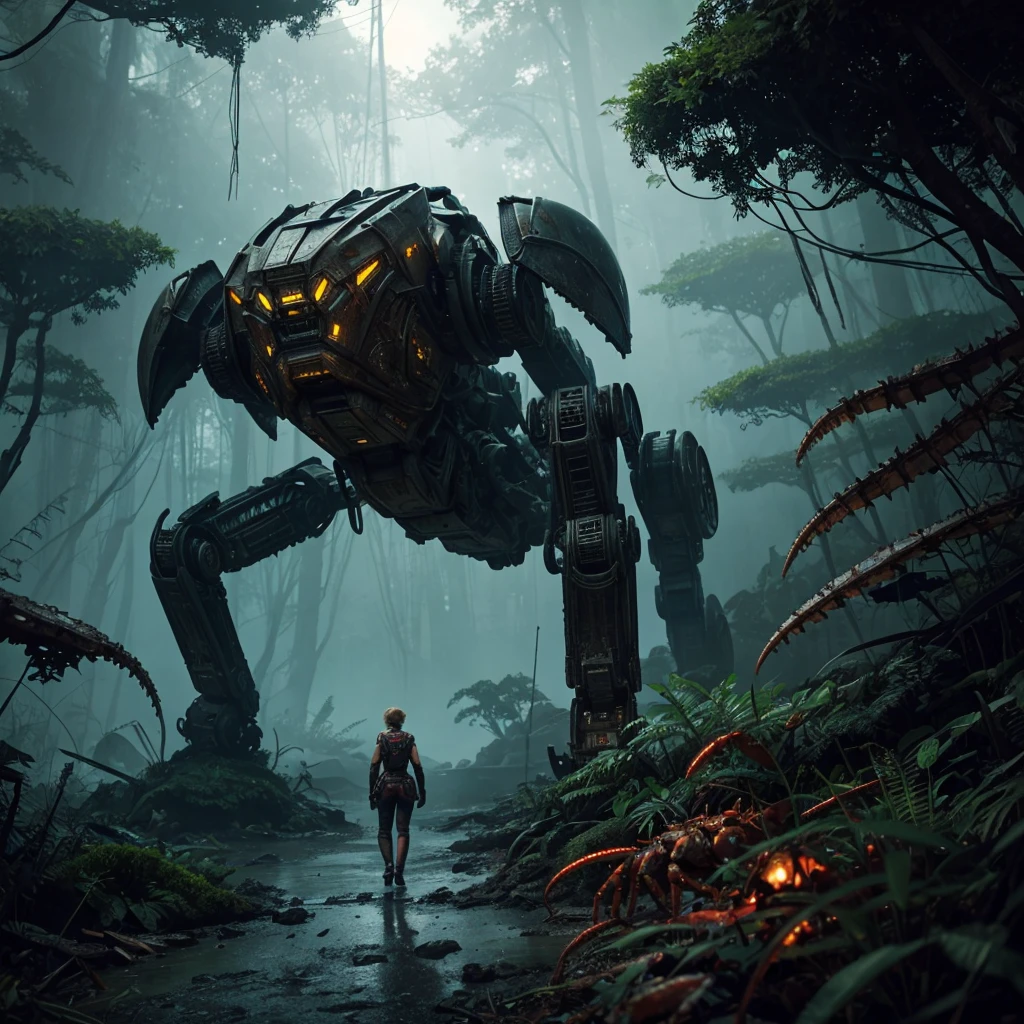 a beautiful woman, Scarlett Johansson, age 25, wearing dirty tattered cloth, scared and battered, being stalked by robot crabs across an alien jungle, horror, danger, peril, sci-fi, cinematic lighting, dramatic angles, highly detailed, photorealistic, 8k, award winning concept art, seamless digital painting, moody color palette, vibrant colors, dynamic composition, chiaroscuro lighting, volumetric fog, lush vegetation, alien flora and fauna, dramatic shadows, imposing robot crabs, intricate mechanical details, grungy textures, sense of scale and mystery