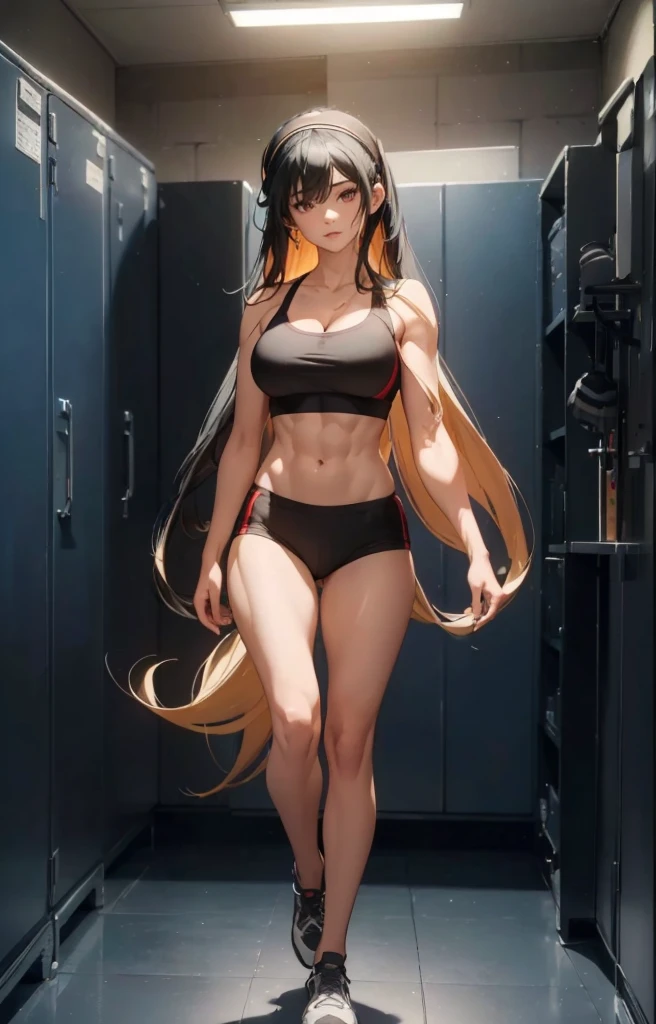 ((1girl, solo)), beautiful body, (perfect anatomy, perfect body, perfect hands, perfect legs), natural proportions, sexy body, large breasts, ((abs)), (muscular female), ((full body, full body front)) BREAK

((extremely detailed face)), (beautiful detailed eyes:1.6), (realistic pupils, realistic iris:1), expressive eyes, looking at viewer, (clear eyes:1.3), (hyperrealistic:1.2), (detailed skin texture:1.2), smooth skin, yor briar, ((black hair:1.5), (red eyes:1.3), long hair, hairband, ((white hairband)), sidelocks, bangs, ((mature female)), ((little smile)), (detailed lips:1.2), (attractive lips:1.1), (glossy lips:1.1), (parted lips), perfect face, perfect eyes BREAK

(sports bra), buruma, ass visible through thighs, shoes, (black sportswear), black shorts, midriff BREAK

(masterpiece:1.5), anime-style, top quality, best quality, (beautiful and aesthetic:1.2), (ultra detail:1.5), Ultra-detailed depiction, Ultra-precise depiction, extremely detailed 8k illustration, high resolution, (highly detailed shading:1.2), (realistic lighting:1.4), perfect lighting, vibrant colors, dynamic tones, striking hues, 8k, absurd resolution, perfect shadows, hdr, UHD, ambient lighting, realistic, ultra-realistic, photo realistic, highly detailed, rich detail, luminous colors, fine texture, intricate design, professional illustration, (soft light:1.2), (illustration:0.7)