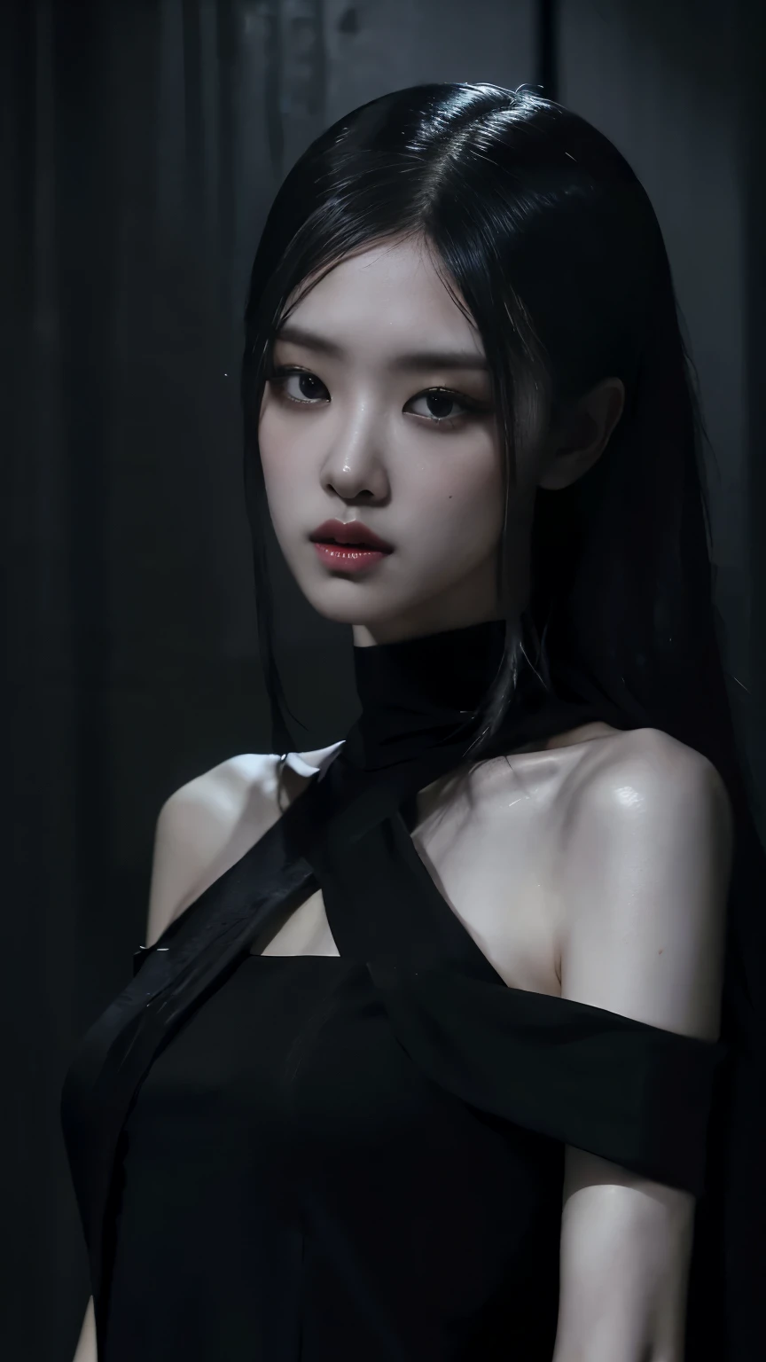 (best quality, highres:1.2), realistic, black dress, black hair, dark theme, black background, dark ninja, intense gaze, elegant posture, flowing dress, detailed facial features, long eyelashes, contrast, fine details, dramatic atmosphere, gothic style, intense emotions, monochrome color palette, captivating setting, haunting beauty, artistic photography, everything is black