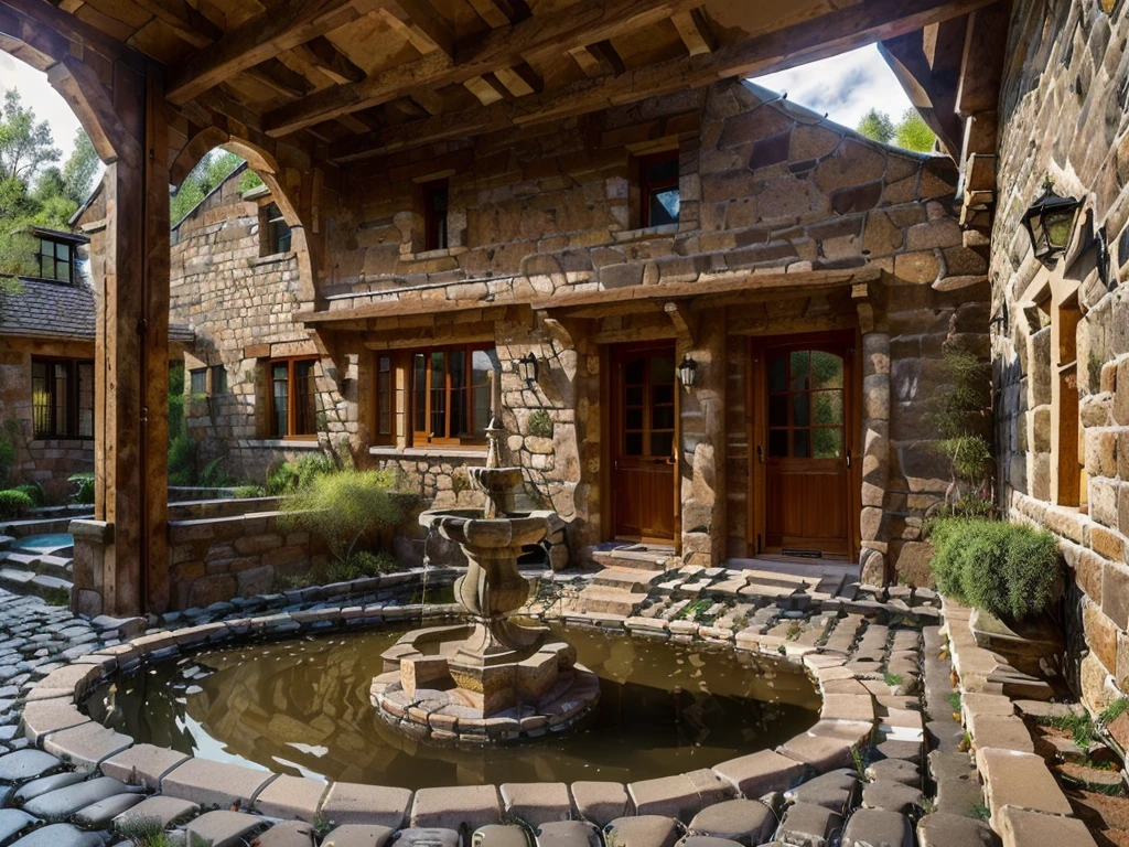 (((Masterpiece))), (high quality),(Small Western-style building,One-storey,Cobblestone garden:1.5),(Broken small fountain,There is no water coming out:1.2),(There is no one here:1.2),(Long Shot,Photograph the entire Western-style building:1.5)