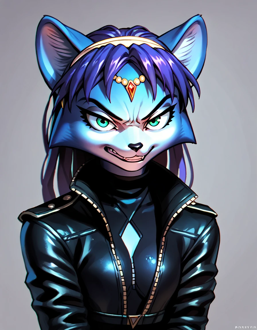 score_9, score_8_up, score_7_up, score_6_up, score_5_up, score_4_up, Krystal swift, purple hair, long hair, black leather jacket, angry, smile, seductive, rating_questionable
