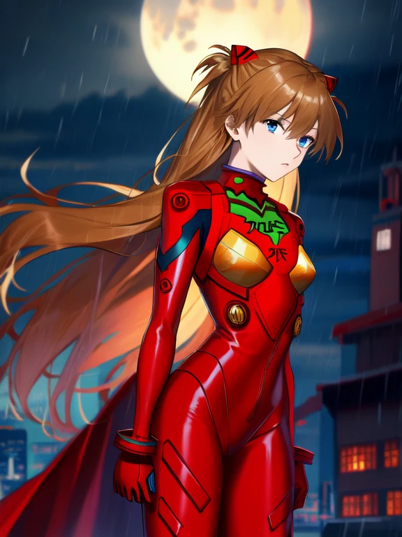 Asuka Langley ,masterpiece, best quality,,city,cyperpunk,night,rain,moon, cloak, cape