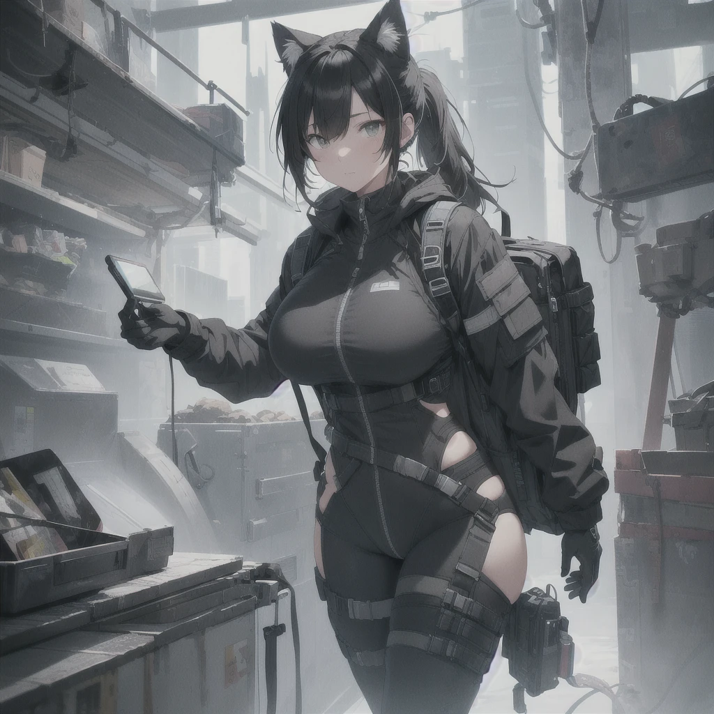 Absurd resolution, high resolution, (masterpiece: 1.4), hyper-detail, full body shot, full frontal camera perspective, solo, 1 kemono feline cat woman, humanoid, no skin other than neck and head shown, black hair, messy ponytail, cute face, detailed soft grey luminous eyes, huge massive hyper super swollen heavy , breasts that cover her whole torso and are bigger than her head while being so big they reach her belly button, extremsuper large swollen perky heavy bust, super huge enormously gigantic tits, gigantic bre stretching/strout of her outfit looking like they are about to burst out, breasts compressed squishing contained in outfit, inflated breasts, breasts_expansion, super giswollen hts, wide full hips, narrower torso and shouldersaller torso, narrower waist, full thicc big soft thighs, thicc thighs, big rounded full soft butt, thicc butt, ruggedized utility styled outfit, fuinsulated sufull body outfit coverage with no skin showing or revealed, airtight/watertight zippers and seals, scifi monochrome black and grey fullbody covering protective padding rugged loose-fitted pilot utility suit with strategically placed protective padding, white zipped utility cropped top for breasts support with a black strap horizontal across cleavage  top of suit, tactical strategic angular-patterned pr padding on hips and thighs and abdomen, practical/functional clothing, weather-proof durable clothing material, nylon clothing material, custom made clothing to fit and support large breasts, scifi padded rugged rigid high collar techwear jacket, armored high  white and black triangular decals and techwear iconography on apparel and clothing, techwear gloves, arm mounted strapped display scifi tablet/communication device/computer, ruggedized tech, ruggedized tech aesthetic, fitted utility pants, utility chaps, near future scifi, cyberpunk aesthetic, anime aesthetic, tactical aesthetic