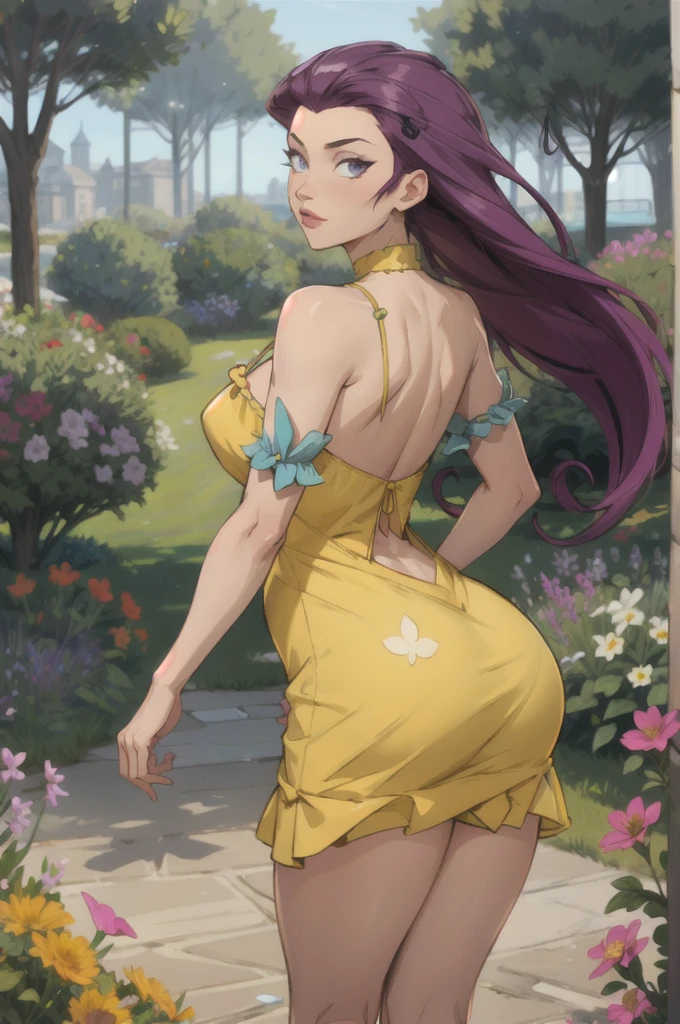 (masterpiece,best quality,edgQuality),outside,garden,dappled sunlight,flowers,big booty,looking at viewer,EPpkJessie,long hair,hair slicked back,purple hair,woman wearing a yellow sundress,edgYSD 