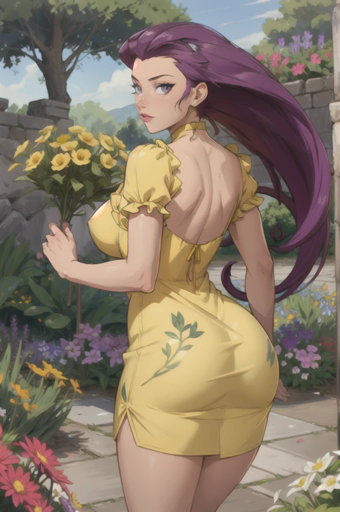 (masterpiece,best quality,edgQuality),outside,garden,dappled sunlight,flowers,big booty,looking at viewer,EPpkJessie,long hair,hair slicked back,purple hair,woman wearing a yellow sundress,edgYSD 