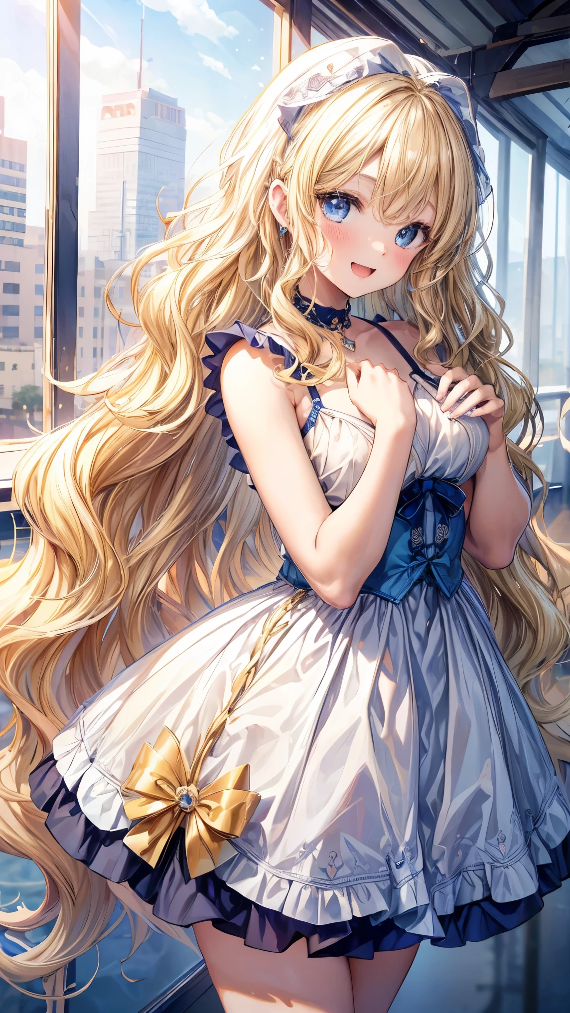 Very detailed、best quality、Best image quality、masterpiece、8K、Anime Face、A kind smile、open mouth、Sparkling blue eyes、(Blonde wavy hair:1.5)、Hands on hipini skirt、camisole